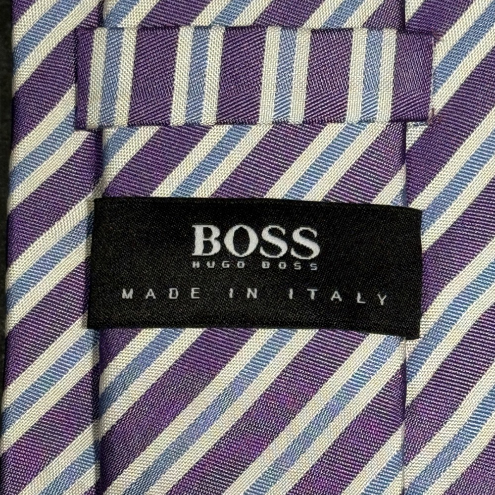 Mens Tie | Hugo Boss | Purple Blue White Diagonal Stripe Silk Made in Italy